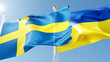 sweden and ukraine flags waving in the wind against a blue sky. ukrainian and swedish national symbols 3d rendering