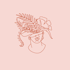 Wall Mural - Male statue Head of Plants Line Art Drawing. Flower Head Line Drawing Minimalist Illustration. Female Line Art, Wall Art Sketch Woman, Illustration. Cosmetics Logo. Vector illustration