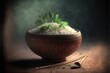 boiled rice on a bambu bowl with parsley. Generative AI