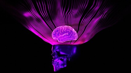 Poster - 3D animation with skull and glowing brain. Design. Stylish modern animation with 3d brain and glowing stripes above skull. Cool skull with bright brain and stripes on black background
