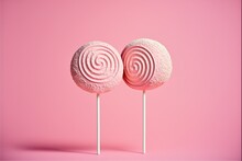 Two Pink Lollipops On Stick On Pastel Rose Background. Love Concept. Minimal Summer Background. Generative Ai. 