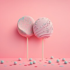 Two pastel pink lollipops on sticks on pastel rose background. Love concept. Minimal summer background. Generative ai. 