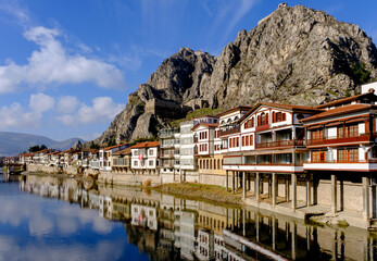 old Ottoman houses on the banks of Yesilirmak River in Amasya city