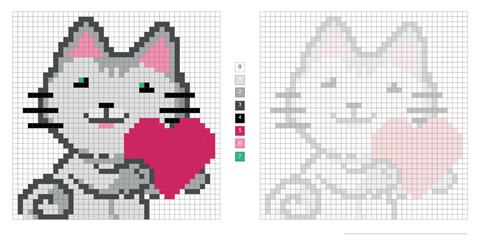 Wall Mural - pixel illustration, cute gray cat with a heart in its paws, embroidery, coloring by cells for the development of children and adults, the development of counting, logic, motor skills and imagination