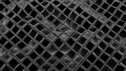 Poster - Square mesh with waves and glitter. Action. Grid of squares moves in waves on black background. Virtual grid with waves of squares