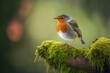 Cute European Robin in focus, perched on a mossy branch. Generative AI