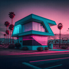 Wall Mural - Synthwave Real Estate, Retro Miami house illustartion, granular texture