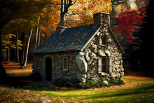 Gray Stone Tiny House On Background Of Autumn Foliage