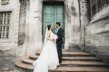 Wall Mural - Wedding couple on the nature is hugging each other. Beautiful model girl in white dress. Man in suit