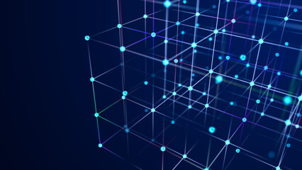 Fototapete - Digital blockchain concept. Data storage in separate cells. Abstract background with dots and connection lines. 3D .