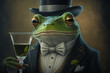 Frog in a top hat and tux, holding a drink, fantasy character concept art, 