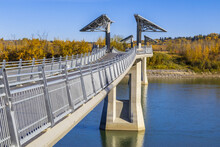 Terwillegar Park Footbridge Over The North Saskatchewan River In Autumn; Edmonton, Alberta, Canada