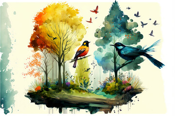 Digital Watercolor painting of forest, trees, and birds.
Generative ai