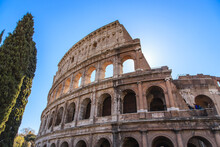 Close-up View Of The Iconic Colosseum Against A Blue Sky; Rome, Lazio, Italy