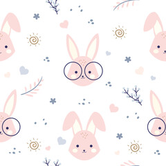 Wall Mural - Cute rabbit seamless pattern. Cute character with sun and flowers. Baby cartoon vector in simple style. Vector illustration in pastel colors. Design for kids fashion, fabric, textile, wallpaper, wrapp