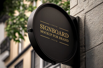 blank round black signboard on the wall outdoor, mock up for logo design, brand presentation for com