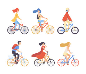 Sticker - People riding bicycles set. Side view of cycling men and women in casual clothes. Eco friendly transport, healthy lifestyle concept flat vector illustration