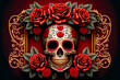 Mexican style sugar skull and red roses decoration.
Generative ai