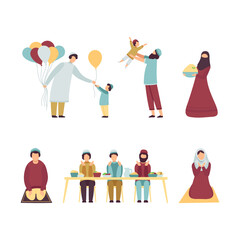 Wall Mural - Muslim people celebrating Eid Al Adha Muslim Holy Islamic holiday set flat vector illustration