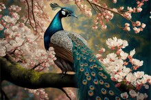  A Peacock Sitting On A Branch Of A Tree With Flowers In The Background And A Sky With Clouds In The Background. Generative Ai