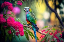  A Colorful Bird Perched On A Branch Of A Tree With Pink Flowers In The Background And A Blurry Background. Generative Ai