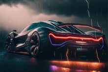  A Futuristic Car With A Neon Light On It's Side In The Rain With A Lightning Bolt Coming From Behind.