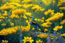  A Bird Sitting On A Tree Stump In A Field Of Flowers And Yellow Flowers With A Blue And Yellow Bird Singing. Generative AI