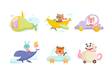 Sticker - Cute baby animals using vehicles set. Adorable dog, tiger, panda, rabbit, octopus flying by plane, ride car and boat cartoon vector illustration