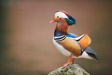Mandarin Duck (Aix Galericulata) Male Standing On A Rock; Bavaria, Germany