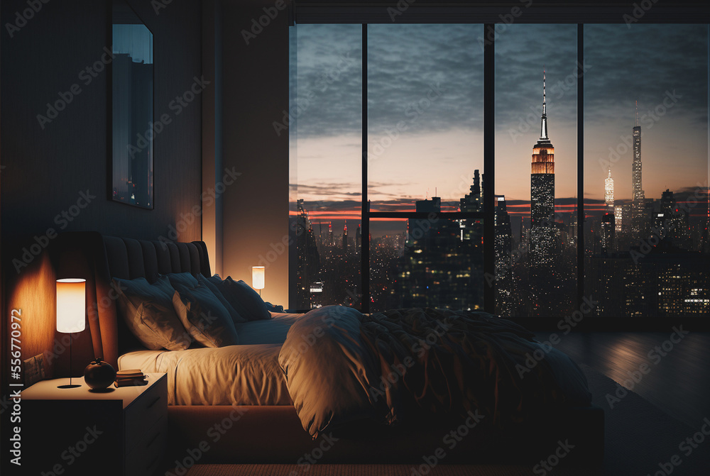 High rise apartment bedroom with large window view of a city. Upscale ...