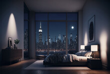 High Rise Apartment Bedroom With Large Window View Of A City. Upscale Urban Condo. Created With Generative AI.