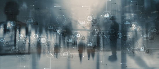 Wall Mural - diagrams and icons on hologram screen. background with silhouettes