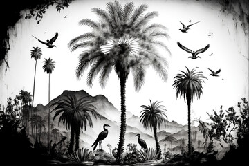  Vintage wallpaper of palm trees, mountains, birds.
generative ai