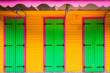 Close-up Of Colorful Shutters And Doors On Traditional House In Basse-Terre; Guadeloupe, French West Indies
