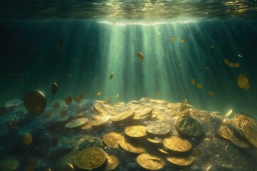 Illustration of gold coins falling to deep sea floor with sunlight ray shine through water surface