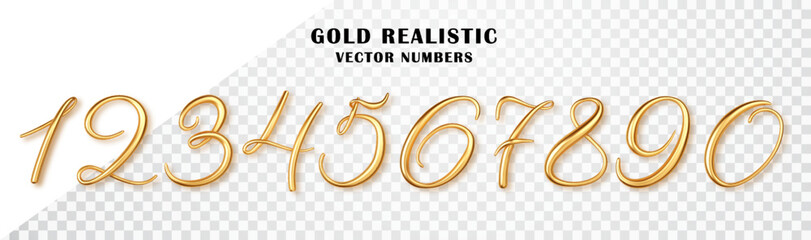 Gold 3d realistic numbers aisolated. Metallic gold number from zero to nine. Design element for festive party decoration.