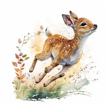  A Painting Of A Deer Running Through A Field Of Grass And Flowers With A White Background And A Watercolor Painting Of A Deer. Generative AI