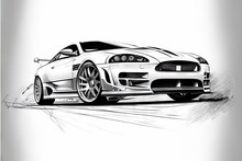  A Drawing Of A Car On A White Background With A Black Outline Of The Car And The Front End Of The Car. Generative AI