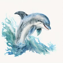  A Dolphin Jumping Out Of The Water With A Splash Of Water On It's Back Legs And Mouth.