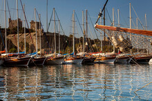 Early Morning View Of Boats In The Harbour, At Bodrum.; The Harbour At Bodrum, On The Coast Of The Aegean Sea, Western Anatolia, Turkey.