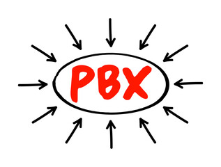 Aufkleber - PBX Private Branch eXchange - term for a telephone system or an interphone network, acronym text concept with arrows