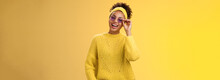 Stylish Chill Confident Modern Millennial Teenage Girl Sweater Headband Blue Sunglasses Touching Glasses Frames Smiling Broadly Assertive Self-assured Look Grinning Delighted Hold Hand Pocket