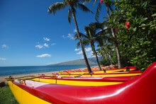 A Row Of Colorful, Hawaiian Outrigger Canoes Lined-up On The Beach On The North End Of Kihei; Kihei, Maui, Hawaii, United States Of America