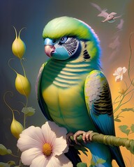 Wall Mural - Bright domestic birds. fluffy, bright, colorful parrots. Macaw, budgerigar