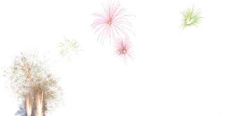 Isolated pink green and yellow gold fireworks overlay