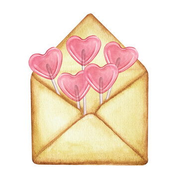 Beautiful open envelope with pink lollipop hearts. Watercolor illustration. Message for Valentine's day about love. Isolated on white background