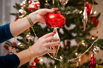 Wall Mural - Hanging baubles on the Christmas tree, women's tiles, painted nails