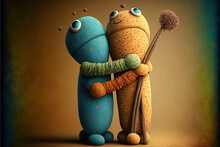 Cute And Soft Colorful Hug Between Two Felt Dolls Holding A Stick On A Dark Background With Copy Space, Generative Ai