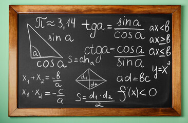 Wall Mural - Chalkboard with many different math formulas on green wall