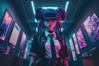 A charming, goth school girl dressed in black wearing a VR headset, with a look of death and a cyberpunk feel.